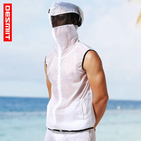 DESMIIT Men's Semi-Transparent Sleeveless Sun-Proof Vest Beach Sports Vest DESMIIT