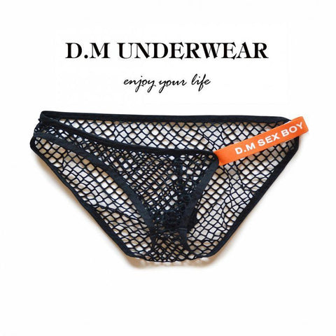 D.M Men's Briefs Mesh Breathable Letters Transparent Lace Fishnet