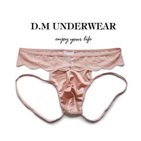 D.M Men’s Sheer Lace Trim Underwear - Low-Rise Thong