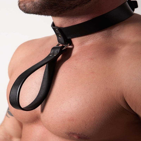 D.M Men's Cowhide Collar Personality Leather Decorative Toy Sexy