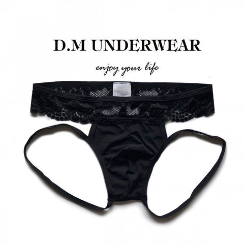 D.M Men’s Sheer Lace Trim Underwear - Low-Rise Thong
