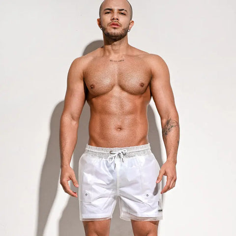 DESMIIT Men's Loose Beach Pants Casual Sexy Transparent Shorts DESMIIT