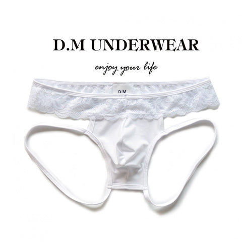 D.M Men’s Sheer Lace Trim Underwear - Low-Rise Thong