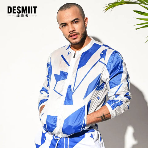 DESMIIT Summer Breathable Comfortable Blue and White Printed Jacket Coat DESMIIT