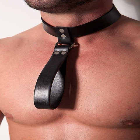 D.M Men's Cowhide Collar Personality Leather Decorative Toy Sexy