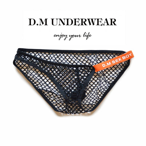 D.M Men's Briefs Mesh Breathable Letters Transparent Lace Fishnet