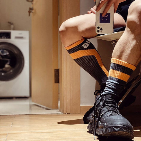 D.M Color Block High Socks - Soccer Football Socks Thick Terry Cotton Crew