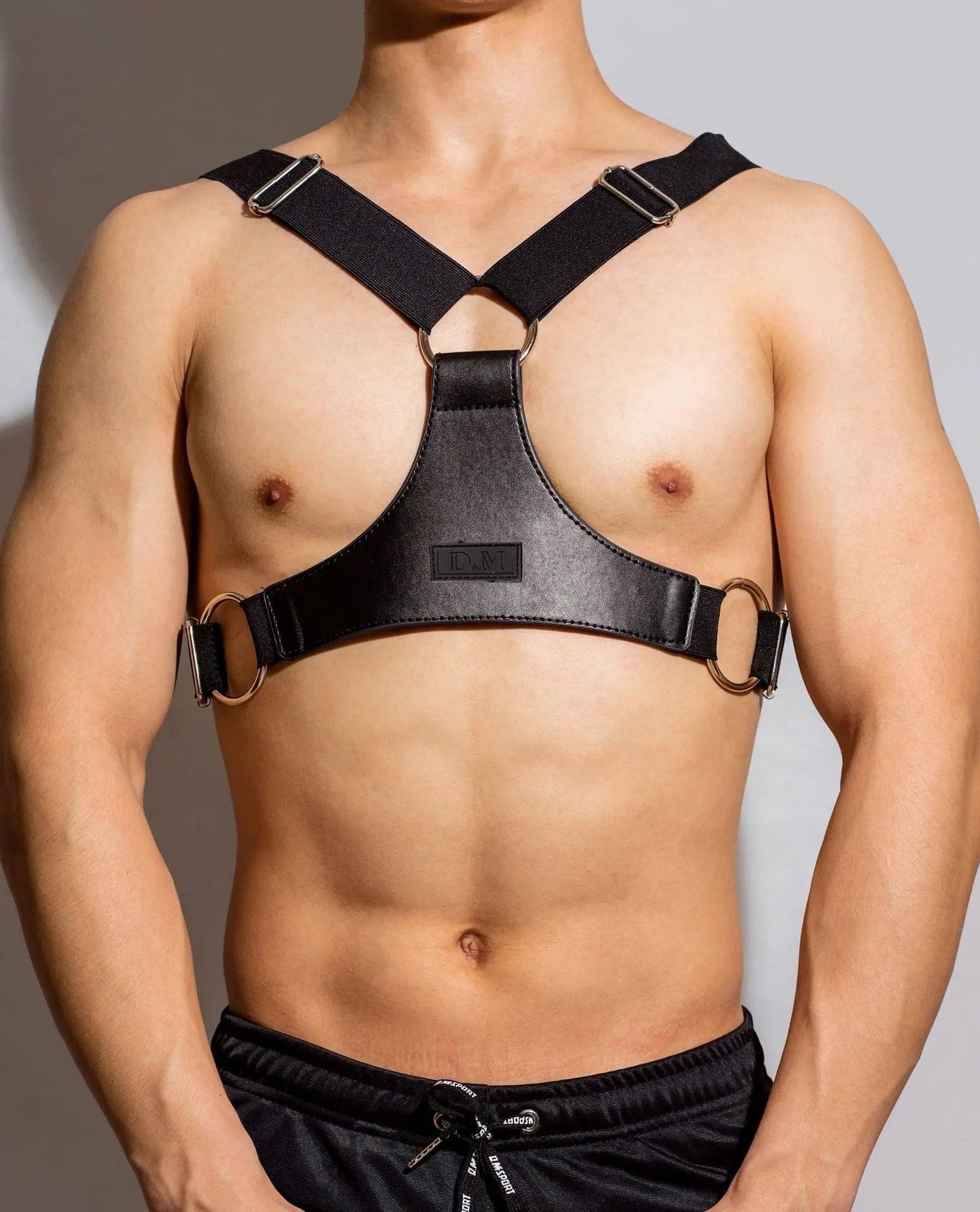 D.M Men's Shoulder Strap Leather Pure Black Formal Wear with Muscle Men D.M UNDERWEAR