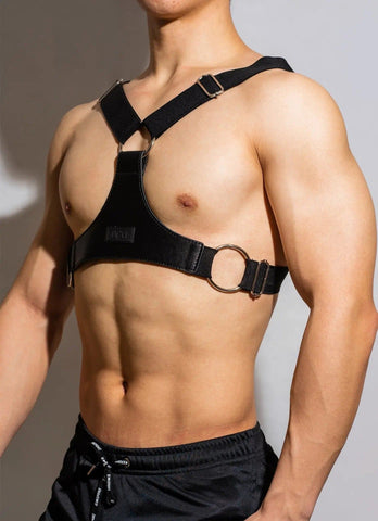D.M Men's Shoulder Strap Leather Pure Black Formal Wear with Muscle Men D.M UNDERWEAR